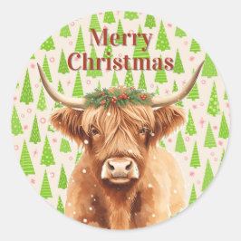 Merry Christmas Greenery Highland Miniature Cow Runder Aufkleber