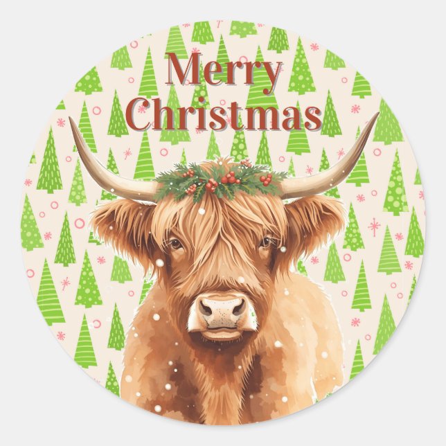 Merry Christmas Greenery Highland Miniature Cow Runder Aufkleber (Vorderseite)