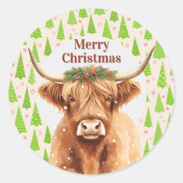 Merry Christmas Greenery Highland Miniature Cow Runder Aufkleber