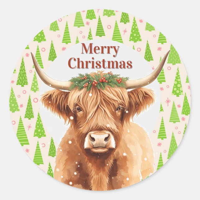 Merry Christmas Greenery Highland Miniature Cow Runder Aufkleber (Vorderseite)
