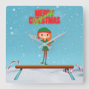 Merry Christmas Gymnast Elf Quadratische Wanduhr