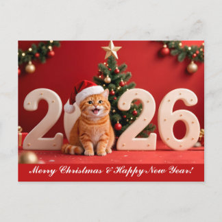 Merry Christmas & Happy New Year, Red Santa Cat Postkarte