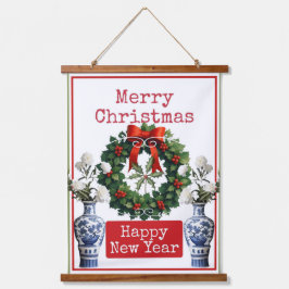 MERRY CHRISTMAS HAPPY NEW YEAR WANDTEPPICH MIT HOLZRAHMEN