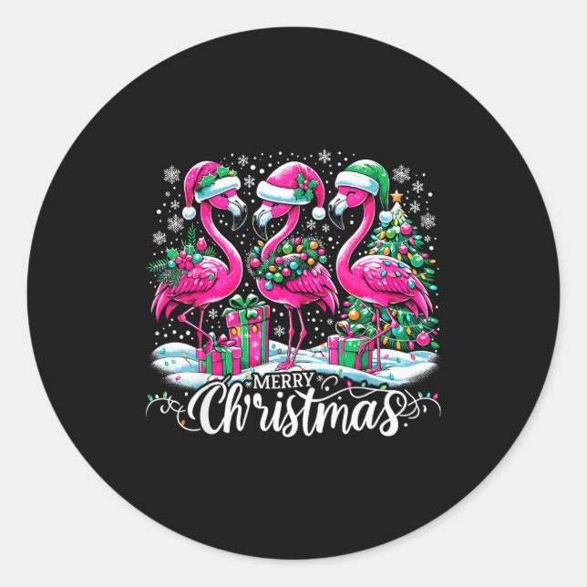 Merry Christmas Hat Santa Flamingo Light Christmas Runder Aufkleber (Vorderseite)