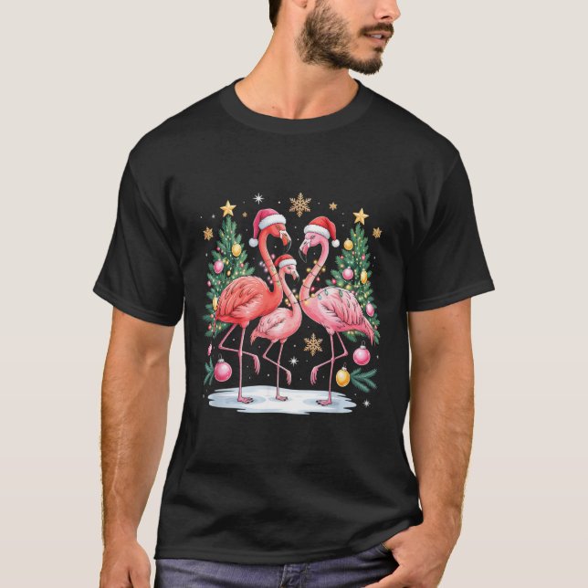 Merry Christmas Hat Santa Flamingo Light Christmas T-Shirt (Vorderseite)