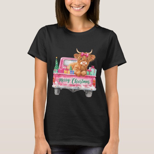 Merry Christmas Highland Cow Nk Truck Xmas Tree Wo T-Shirt (Vorderseite)