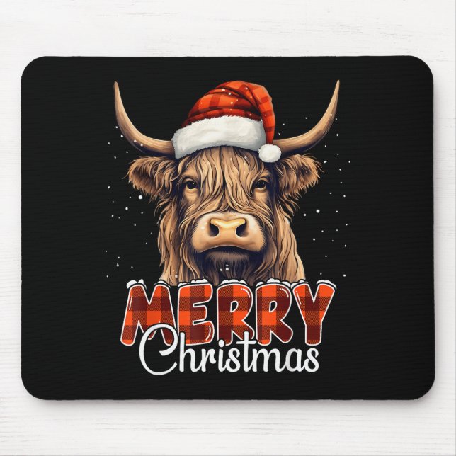Merry Christmas Highland Cow Western Santa Hat Xma Mousepad (Vorne)