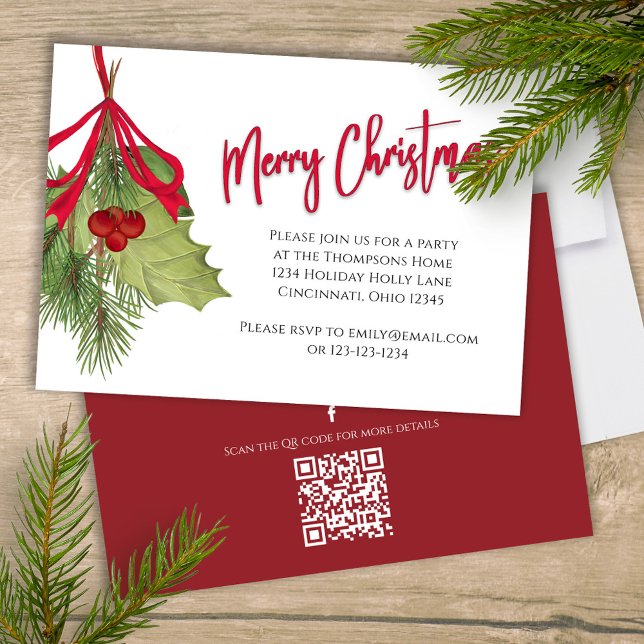 Merry Christmas Holiday Red Calligraphy QR Code Einladung (Merry Christmas calligraphy party invitation with watercolor winter greenery and foliage. )