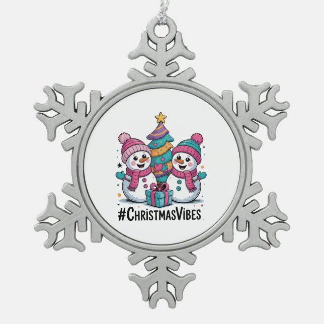 Merry Christmas Holiday Vibes Schneeflocken Zinn-Ornament (Vorderseite)