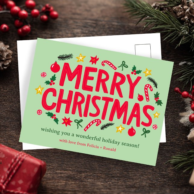 MERRY CHRISTMAS Holiday Xmas CUSTOM Postkarte (MERRY CHRISTMAS Holiday Xmas CUSTOM Doodle Whimsical Green Red Postcard
)
