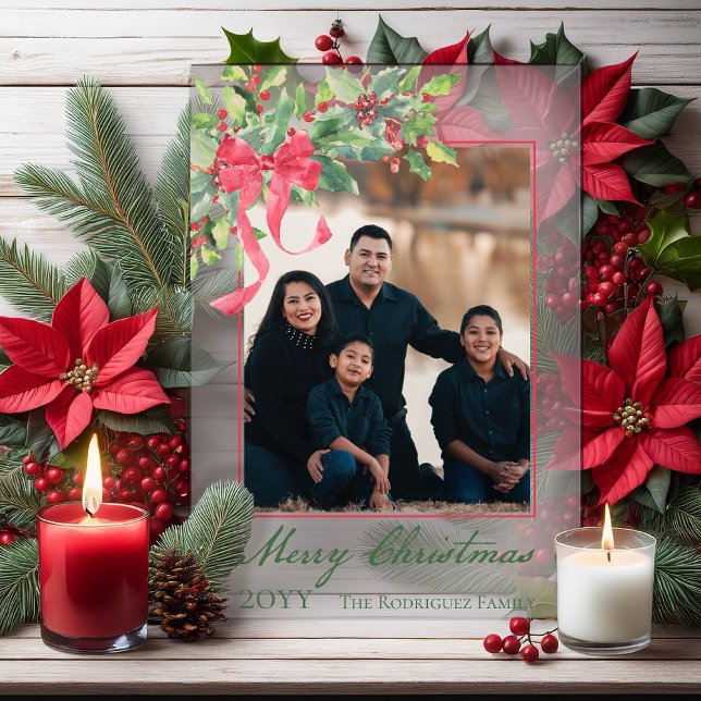 Merry Christmas Holly and Berry Greenery Photo Acryleinladungen ("Merry Christmas" Holly and Berries with Big Red Bow Photo Acrylic Christmas Holiday Photo Card)