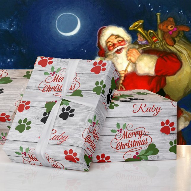 Merry Christmas Hund hinzufügen Name Bone & Pawpri Geschenkpapier (Von Creator hochgeladen)