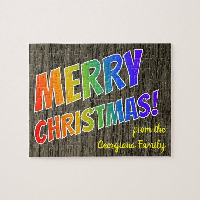 "MERRY CHRISTMAS!" im Regenbogentext, Imitate Wood Puzzle (Horizontal)