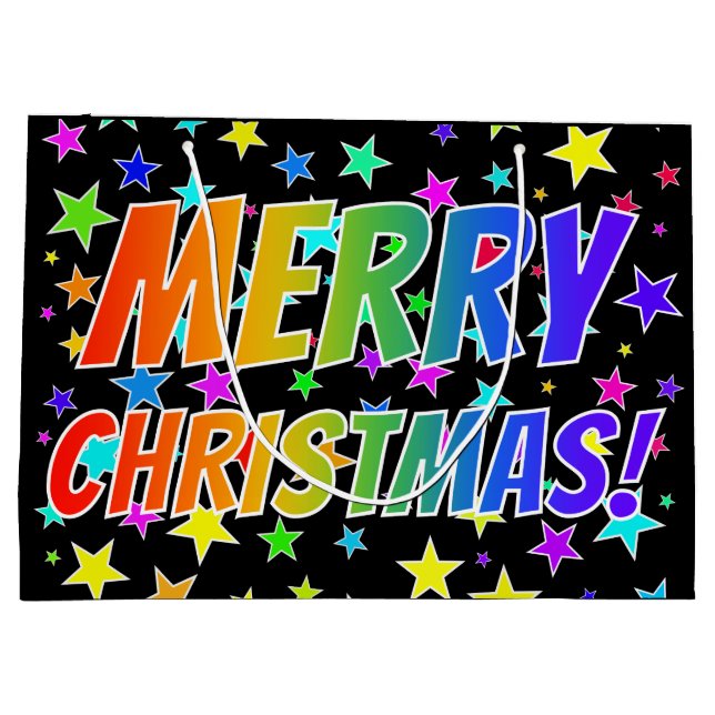"MERRY CHRISTMAS!" im Regenbogentext + Sternmuster Große Geschenktüte (Rückseite)