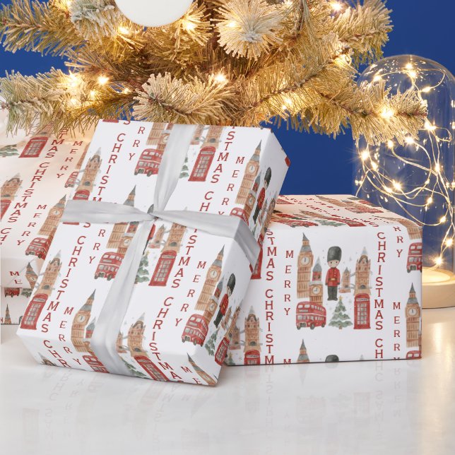 Merry Christmas in London Red Bus, Big Ben Geschenkpapier (Feiertage)