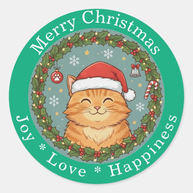 Merry Christmas Joy Love Happiness Cute Cat  Runder Aufkleber (Vorderseite)