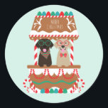 Merry Christmas Labrador Retriever Hunde Runder Aufkleber<br><div class="desc">Niedliche Darstellung eines Urlaubsstandes mit Labrador Retriever Hunden im Inneren. Ideal für Liebhaber von Haustieren während der Ferienzeit.</div>