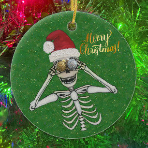 Merry Christmas Laughing Skeleton Glittery Gold Keramik Ornament