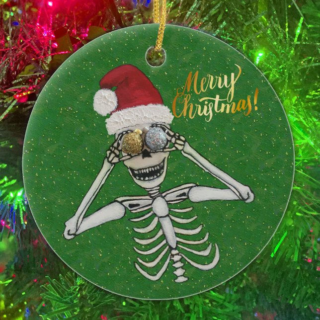 Merry Christmas Laughing Skeleton Glittery Gold Keramik Ornament (Von Creator hochgeladen)