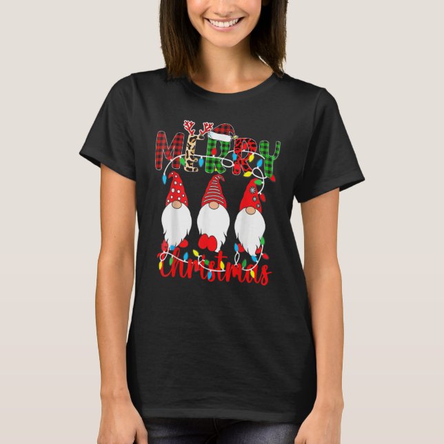 Merry Christmas Leopard Buffalo Red Kariert Gnomes T-Shirt (Vorderseite)