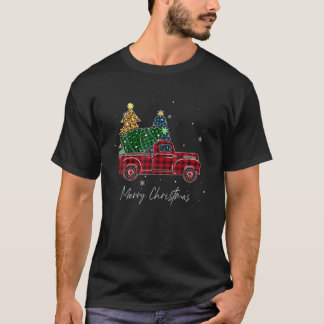 Merry Christmas Leopard Buffalo Truck Tree Red Pla T-Shirt