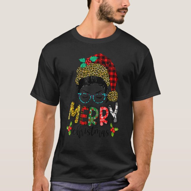 Merry Christmas Leopard Messy Bun Happy Xmas 4 T-Shirt (Vorderseite)