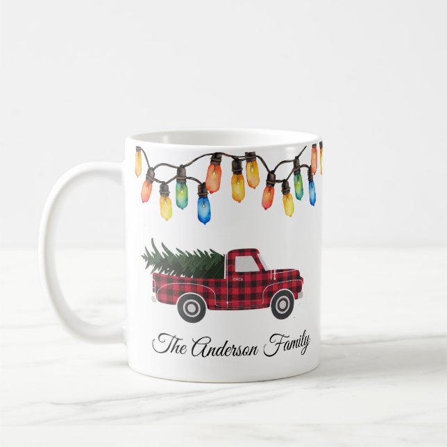 Merry Christmas Light Bulbs LKW-Baum Familienname Kaffeetasse (Links)