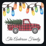 Merry Christmas Light Bulbs LKW-Baum Familienname Quadratischer Aufkleber<br><div class="desc">Merry Christmas Light Bulbs LKW-Baum Familie Name Square Sticker</div>