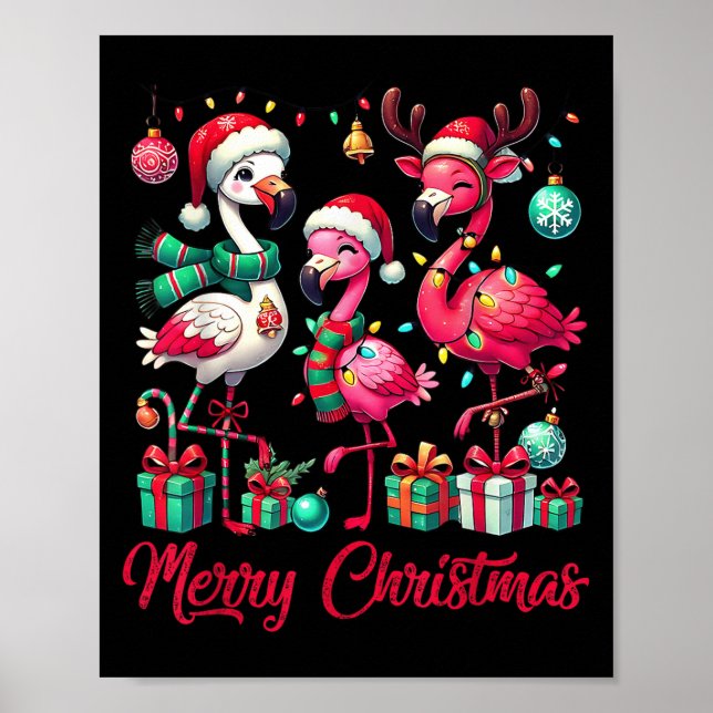 Merry Christmas Lights Flamingo Santa Hat Snow Xma Poster (Vorne)