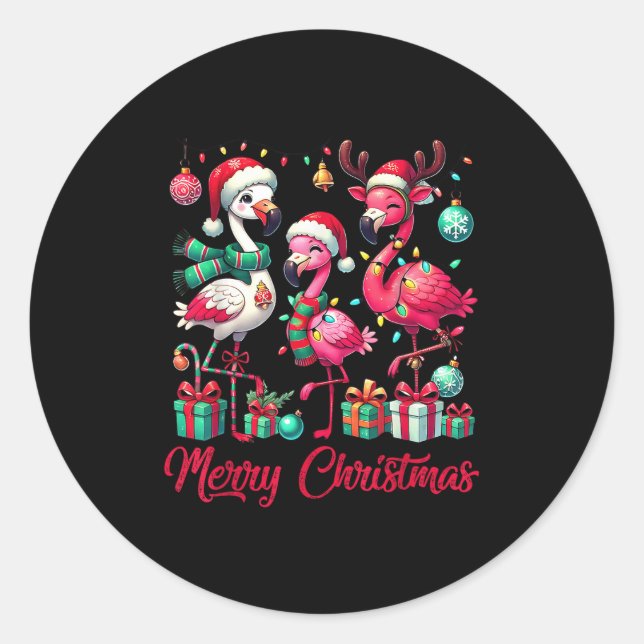 Merry Christmas Lights Flamingo Santa Hat Snow Xma Runder Aufkleber (Vorderseite)