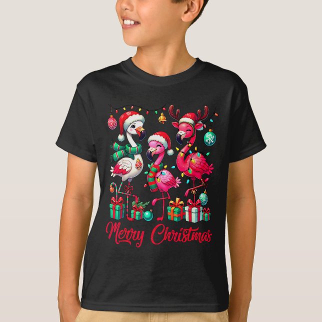 Merry Christmas Lights Flamingo Santa Hat Snow Xma T-Shirt (Vorderseite)