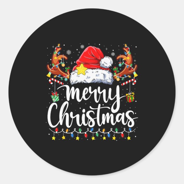 Merry Christmas Lights Red Santa Hat Xmas Family M Runder Aufkleber (Vorderseite)