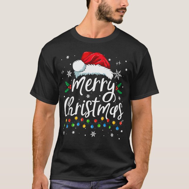 Merry Christmas Lights Red Santa Hat Xmas Family M T-Shirt (Vorderseite)