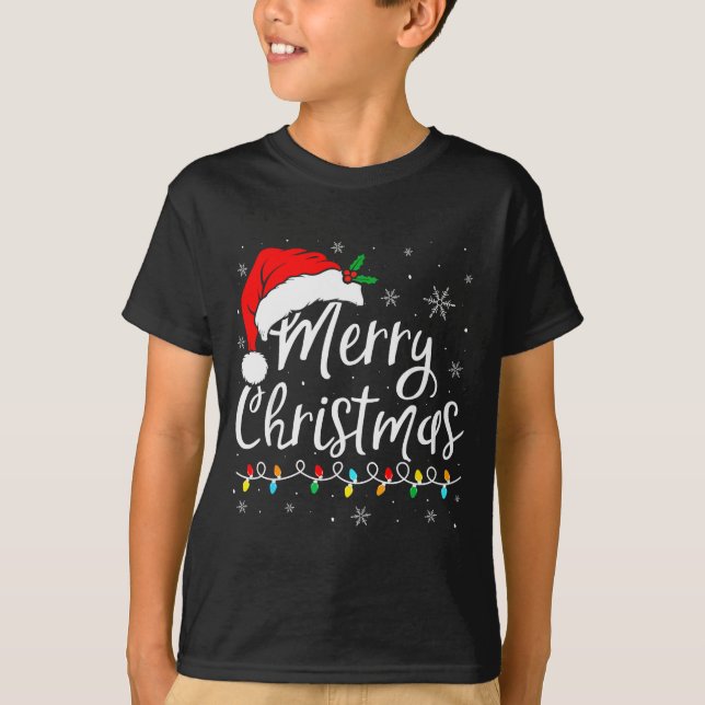 Merry Christmas Lights Santa Hat Xmas Family Match T-Shirt (Vorderseite)