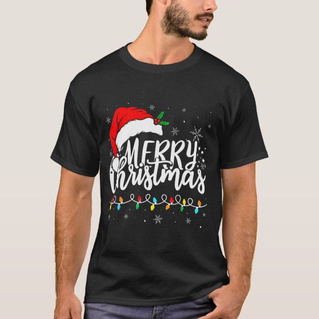 Merry Christmas Lights Santa Hat Xmas Family Match T-Shirt (Vorderseite)