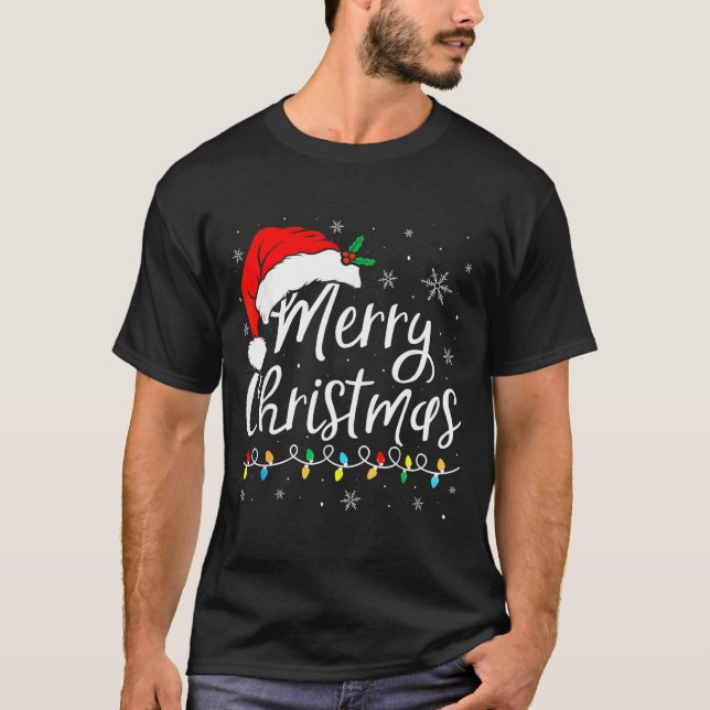 Merry Christmas Lights Santa Hat Xmas Family Match T-Shirt (Vorderseite)