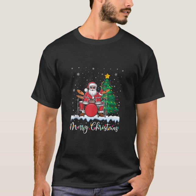 Merry Christmas Lights Santa Playing Drums Ugly Xm T-Shirt (Vorderseite)