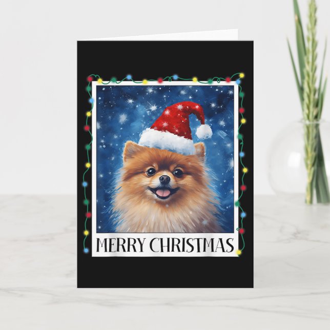 Merry Christmas Meranian Santa Hat Xmas Dog Lights Karte (Vorderseite)