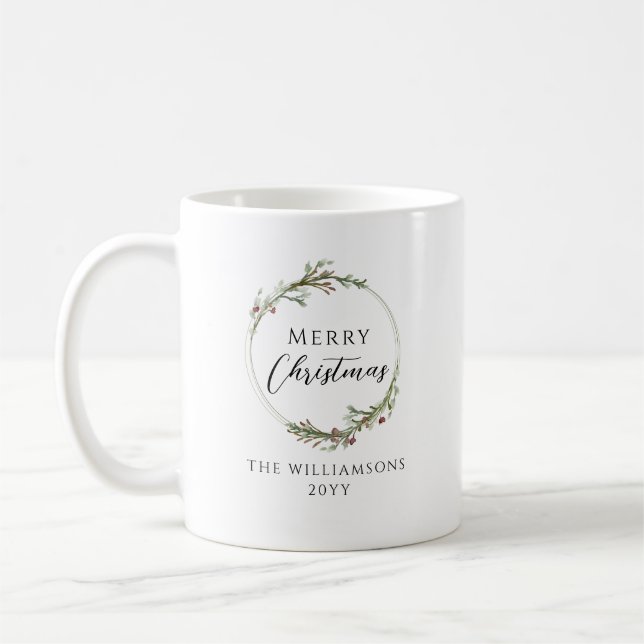 Merry Christmas Minimalist Family Name Wreath Kaffeetasse (Links)