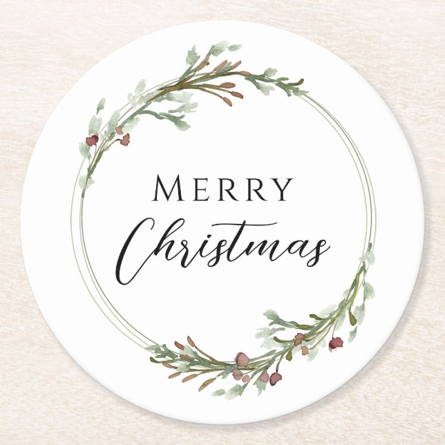 Merry Christmas Minimalist Wreath White Runder Pappuntersetzer (Vorderseite)