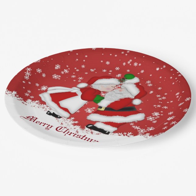 Merry Christmas Mistletoe Santa Pappteller (Schrägansicht)