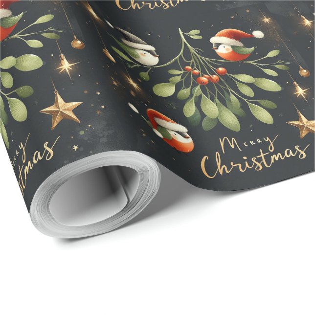 Merry Christmas Mistletoe Santa Robin Geschenkpapier (Rolleneckpunkt)