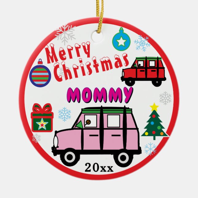 Merry Christmas Mommy Pink Car Kids PHOTO Keramik Ornament (Vorne)