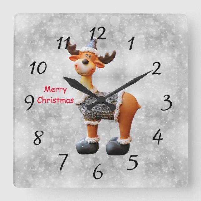 Merry Christmas moose wearing a hat      Quadratische Wanduhr (Vorderseite)
