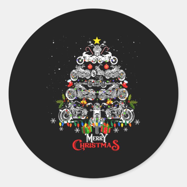 Merry Christmas Motorcycle Tree Christmas Lights B Runder Aufkleber (Vorderseite)