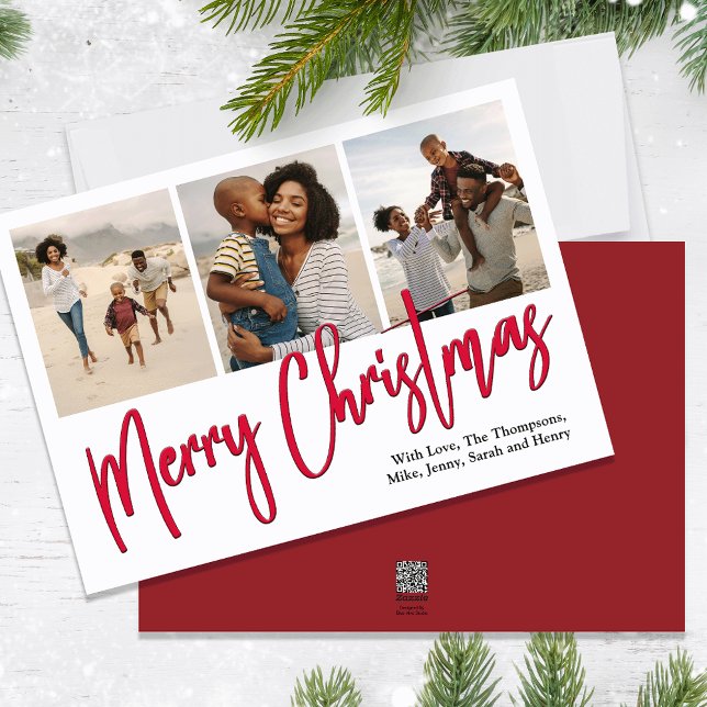 Merry Christmas Multi Photo Red Calligraphy Script Feiertagskarte (Merry Christmas holiday photo card with a calligraphy script and berry red design. )