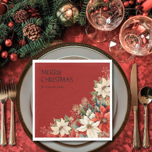Merry Christmas Name Poinsettias Serviette
