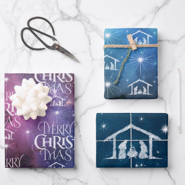 Merry CHRISTmas Nativity Christlich Space Galaxy Geschenkpapier Set (Vorderseite)
