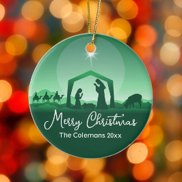 Merry Christmas Nativity Scene Green Religious Keramik Ornament