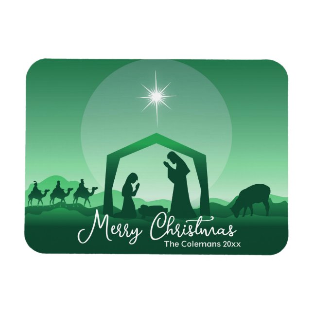 Merry Christmas Nativity Scene Green Religious Magnet (Horizontal)